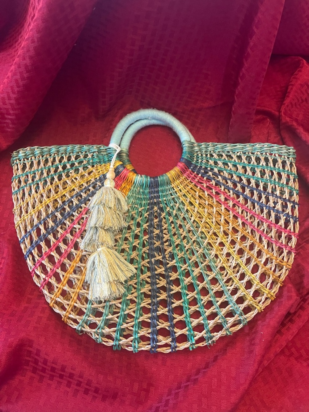 C&C California Multicolor Straw Fan Tote with Tassel Handle